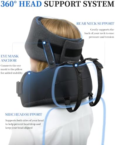 Travel Pillow for Long Flight Airplanes, Head Strap with Soft Eye Mask for Sleep, Memory Foam Travel Neck Pillow for Car Trip Essential, 360° Headrest Support to Stop Head Bobbing, EVA Case, Grey