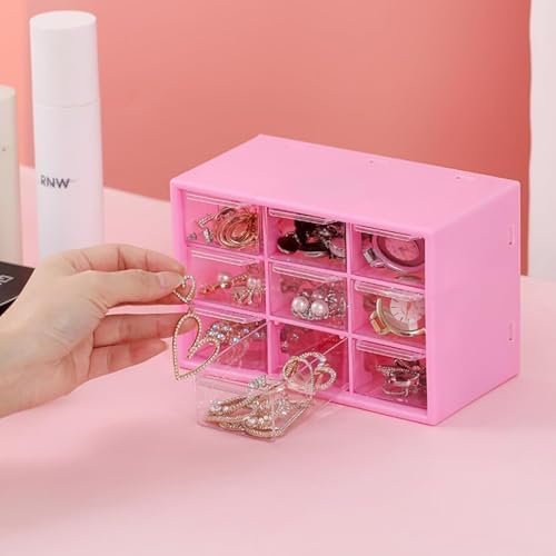 Small Drawer Organizer for Desk, 7.1" x 3. 8" x 4.6" Mini Desktop Drawer Organizer with 9 Clear Drawers, Plastic Desktop Craft Storage Box for Desk Office School Home (Pink)