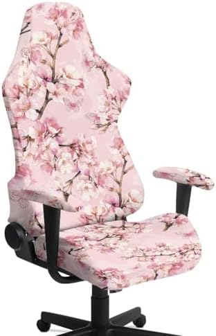 Pink Floral Gaming Chair Cover with Armrest Covers Cat Proof Stretchable Soft Gaming Chair Covers with Armrest Cover 4Pcs Slipcovers Non Slip Breathable Computer Chairs