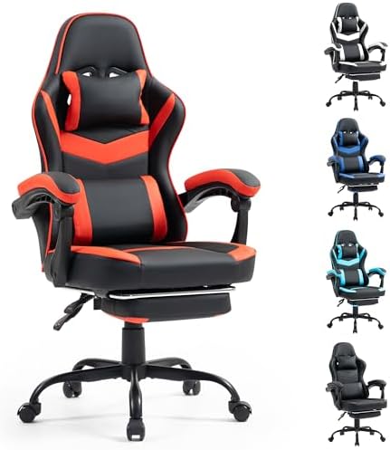 Gaming Chair with Footrest for Adults - Ergonomic Gaming Chairs with Foot Rest - Big and Tall Computer Game Chair - PU Leather Reclining Video Game Chairs with Spring Cushion - Black/Red