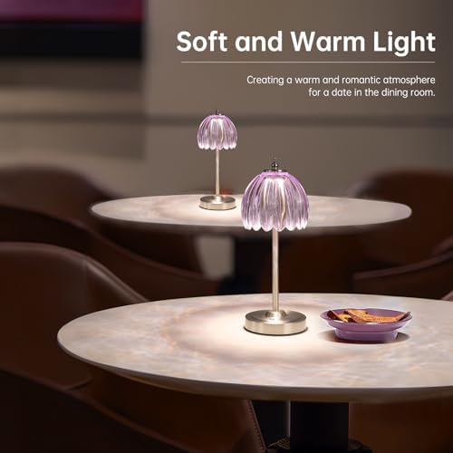 Shenmoyl Tulip Table Lamp with 5200mAh Battery & Touch Control, Cordless Small Table Lamp with 3 Colors, Dimmable Rechargeable Table Lamps for Living Room, Bedroom, Desk, Bedside (Clear Purple Tulip)