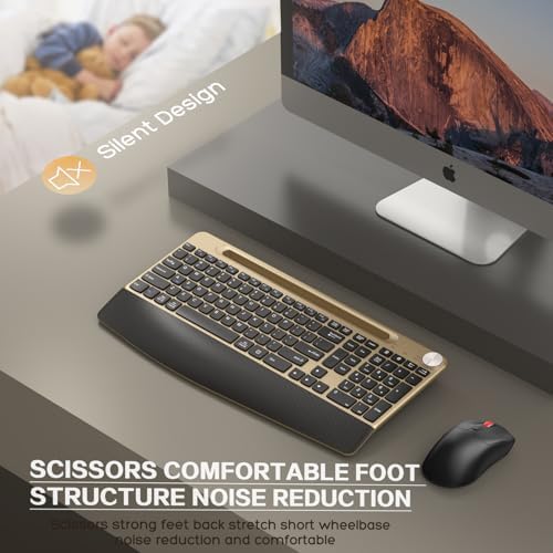 GAMCATZ Ergonomic Wireless Keyboard and Mouse with Wrist Rest，Phone Holder - 2.4GHz Full-Sized Low-Profile Quiet Gold Wireless Mouse and Keyboard Combo for Computer, Laptop, PC, Mac-Gold