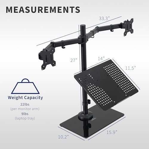 VIVO Freestanding Dual Computer Monitor and Laptop Combo Desk Stand with Glass Base, Fits up to 32 inch Monitors and 17 inch Laptops, Black, STAND-V003FGL
