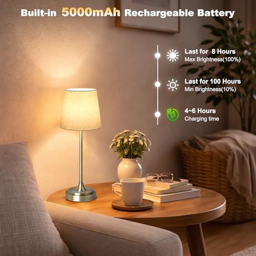 Wowag Cordless Table Lamp Rechargeable,5000mAh Battery Operated Desk Lamp,3 Colors & 7 RGB Stepless Dimmable,Touch Ambient Light for Bedside,Bedroom,Dining Room,Living Room,Bronze,FlaxenShade