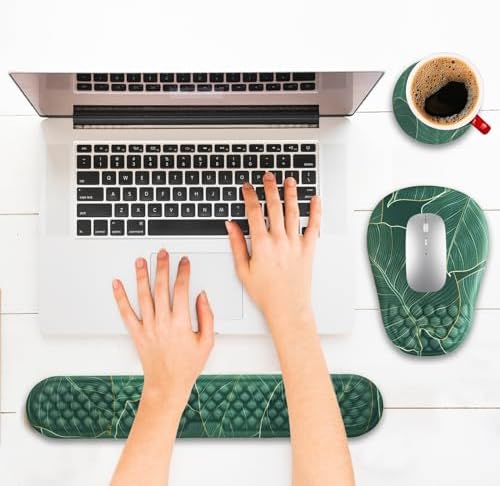 Ergonomic Mouse Pad and Keyboard Wrist Rest with Massage Design, Space-Saving Mouse Pad Wrist Support, Memory Foam Wrist Rest with Non-Slip PU Base for Computer Desk, Green Leaves