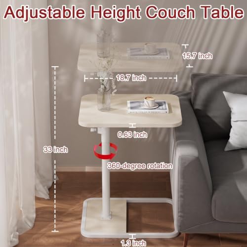 GOYLSER Large C Shaped End Table for Couch, Height Adjustable Rotatable Couch Tray Tables Sofa Table Tv Trays for Bedroom, Natural Wooden Swivel Side Table for Small Spaces