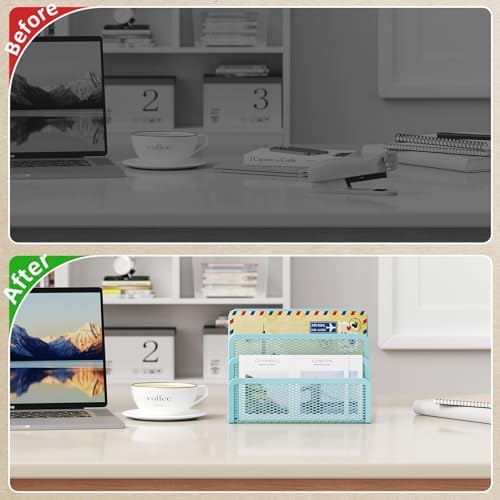 Marbrasse Mail Organizer for Desk, 3-Slot Mesh Metal Mail Holder countertop, Letter Holder, Office Desktop Envelope and Document Storage Rack (Blue)