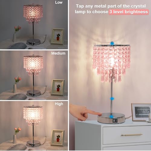 Touch Bedside Lamp with USB C+A Ports, Silver with Pink Crystal Shade