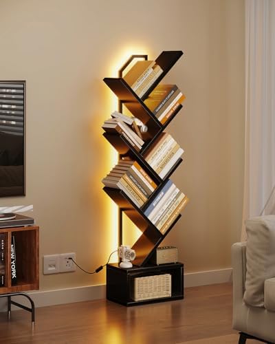 Casaottima Tree Bookshelf with LED Lights, 6-Tier Small Bookshelf, Black