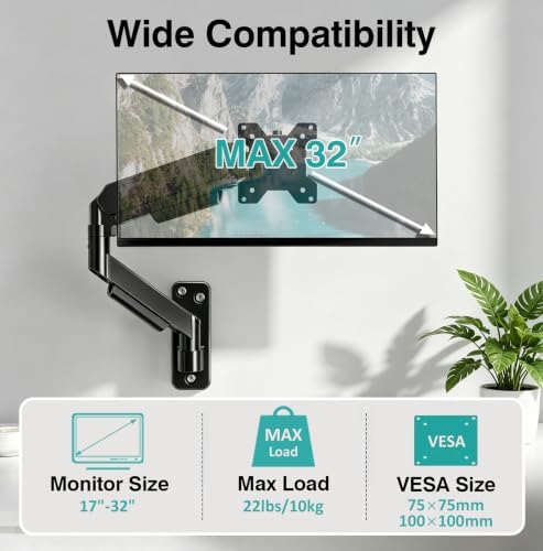 AX WABER Single Monitor Wall Mount for 17 to 32 inch Flat/Curved Computer Screens,Full Motion Adjustable Mechanical Spring Monitor Wall Arm Holds Up to 22lbs,VESA Wall Mount 75x75/100x100, Black