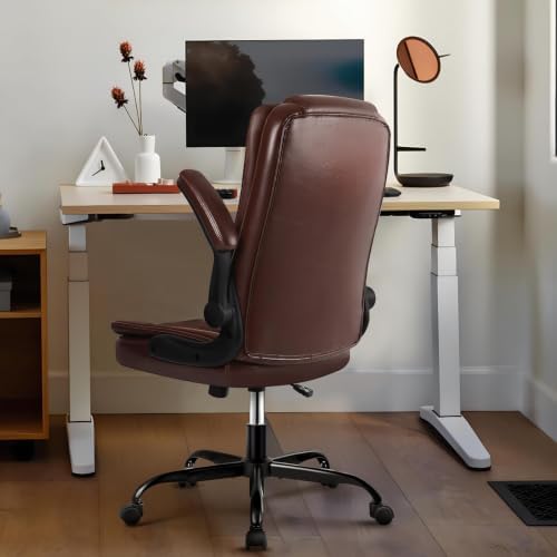 Ergonomic Office Chair with Flip-up Armrests, Big and Tall Leather Executive Office Chair, High Back Lumbar Support Home Computer Desk Chair, Heavy and Duty Computer Chair (Brown)