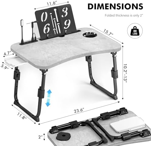 Lap Desk for Bed Adjustable Height, Foldable Bed Table with Storage Drawer, Tablet Slot & Cup Holder, Portable Laptop Stand for Bed & Sofa, Bed Desk for Adults & Kids, Light Stone Color