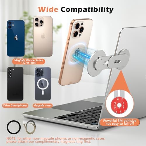Magnetic Phone Holder for Laptop, 360° Adjustable MacBook Monitor Side Mount for iPhone 17 Pro Max/16/15/14/13/12 MagSafe for Tesla, Portable Foldable Cell Phone Holder Accessory, Silver