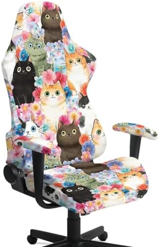 Cats Floral Print Gaming Chair Cover Stretchable 4 Piece Furniture Protector Non Slip Breathable Gaming Chair Slipcover with Armrest Covers