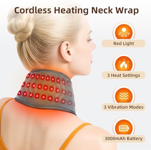 Electric Neck Heating Pad Cordless with Massage, Heated Neck Wrap with 660nm 850nm Red Light, 3 Heat Levels 3 Vibration Modes, Portable Neck Massager for Pain Relief, 3000mAh Rechargeable