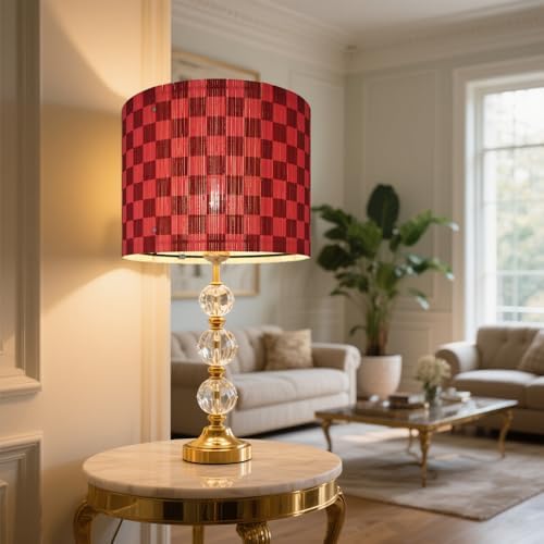 Modern Lamp Shade with Colorful and Natural Checkered Pattern Bamboo Made, Translucent Drum Shape, 11.8 Inch for Table and Floor Lamps, Ideal for livingroom bedroom (Red mix)