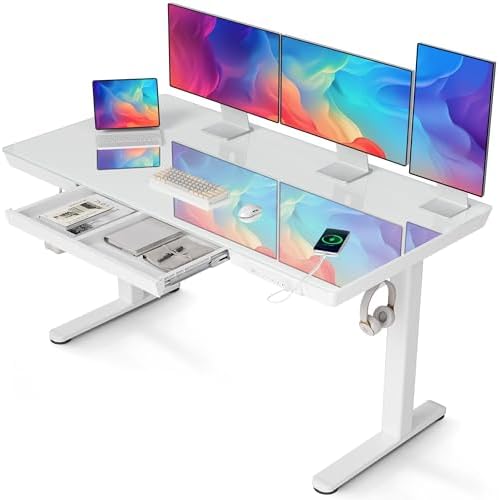 Claiks Glass Standing Desk with Drawers & USB Ports 55x24 Inch, White