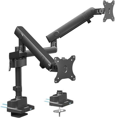 VIVO Premium Aluminum Full Motion Dual Monitor Desk Mount Stand with Lift Engine Arm, Pole Extension, and USB Ports, Fits Ultrawide Screens up to 40 inches, STAND-V102BDU
