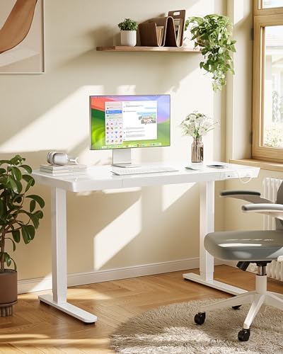 Marsail Glass Standing Desk with Drawer,55 x 28 inch Electric Standing Desk, Adjustable Height Desk with Storage & USB Charging Ports, One-Piece Standing Desk for Home & Office, White