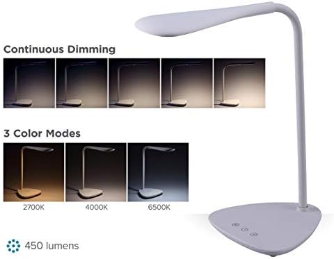 PureOptics LED VLED1820-BD Battery LED Desk Lamp, Dimmable with Adjustable Color Temperature, 4 Hour Battery Life, Rechargeable, Reduces Eyestrain, White
