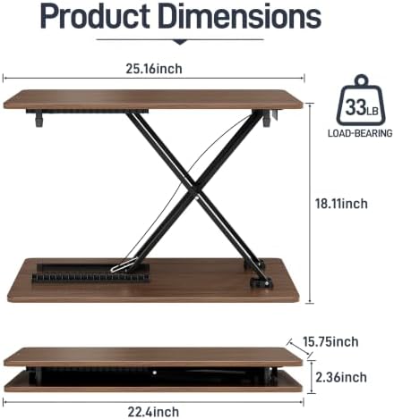 Height Adjustable Standing Desk Converter, 25.16" x 15.75", Wood Finish