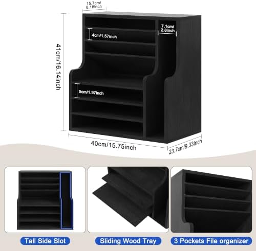 Wood Desktop File Holder Organizer Mail Sorter for File Folders, Mails, Envelopes or Magazines, 8 Compartments (Black)
