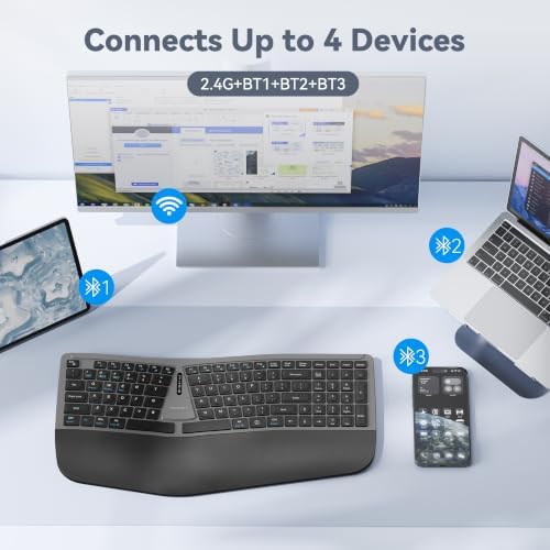 TECKNET Wireless Ergonomic Keyboard Rechargeable, 2.4G+Bluetooth Ergo Cordless USB Computer Keyboard, Wrist Rest, Natural Typing, Stain-Resistant Fabric, Compatible For Windows Computer Desktop Laptop
