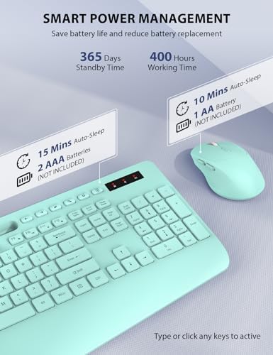 Wireless Keyboard and Mouse Combo - Full-Sized Ergonomic Keyboard with Wrist Rest, Phone Holder, Sleep Mode, Silent 2.4GHz Cordless Keyboard Mouse Combo for Computer, Laptop, PC, Mac, Windows (Green)