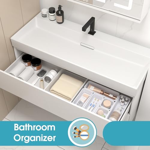6 PCS Drawer Organizer Set, 3 Size Makeup Drawer Divider Organizer With Non-Slip Pads, Interlocking Plastic Storage Bins for Office,Jewelry Vanity,Gadgets, Bathroom,Kitchen, White