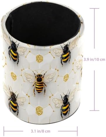 Leather Pen Holder for Desk, Honeycomb Bee Pencil Cup Pen Organizer Makeup Brush Holder for Office Home Kids Countertop Desk Accessory Storage
