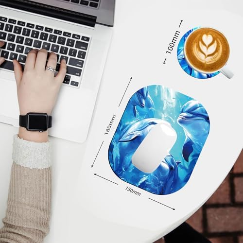 Small Mouse Pad，Mini Mouse Pad 6 x 7 Inch，for Laptop Keyboard Tray Wireless Mouse Home Office Travel，with Non-Slip Rubber Base, Waterproof Mouse Mat，Blue Dolphins Underwater