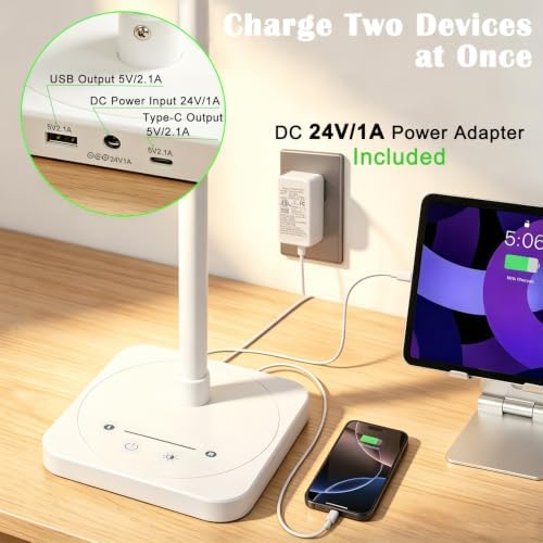 Desk Lamp for Office Home Dual Head 24W Swing Arm Reading Table Lamp White
