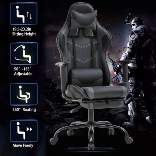 PC Gaming Chair with Footrest, Ergonomic Home Office Chair with Lumbar Support & Headrest Pillow, Grey