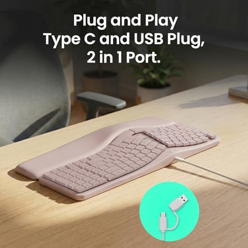 Nulea Ergonomic Keyboard, Wired Keyboard with Split Design and Palm Rest, Volcano Keycaps, Natural Typing, Type C and USB Plug, 2 in 1 Port for Windows and Mac, 3 Colors(Pink)