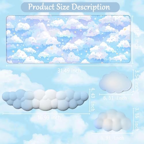 Blue Cloud Mouse Pad and Keyboard Wrist Rest 4PCS Extended Large Stars Desk Mat Pad Set Memory Foam Non-Slip Ergonomic Cute Gaming Mouse Pad Wrist Support for Computer Laptop Home Office