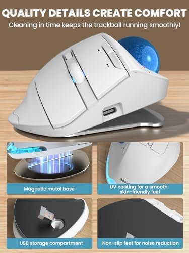 Wireless Trackball Mouse, Adjustable Angle Rechargeable Backlit-White Mouse