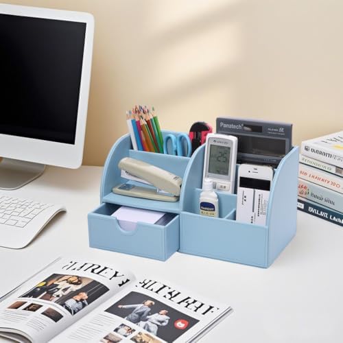 KINGFOM Pu Leather Desk Organizer Pen Pencil Holder Office Supplies Caddy Storage Box 6 Compartments with Drawer Blue