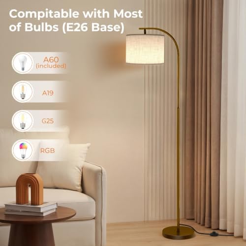 SIBRILLE Floor Lamp with Linen Shade, Arc Dimmable Tall Standing Lamp with Remote Control, Modern Floor Reading Light for Living Room Bedroom Office Corner, 9W LED Bulb Included