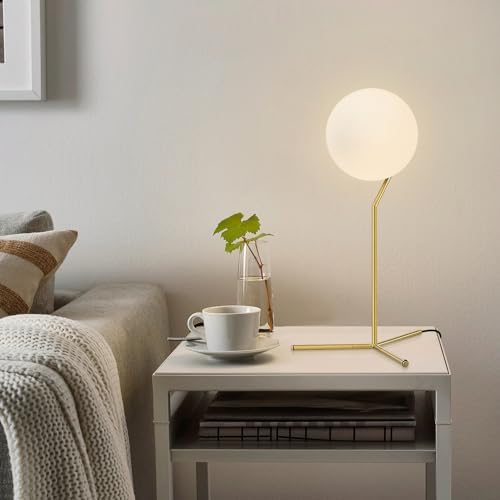 BOKT Modern 1-Light Glass Globe Table Lamp Contemporary Minimalist Tall Bedside Desk Nightstand Lamp Vintage Brush Gold Metal Table Light Frosted White Glass Ball Reading Lamp