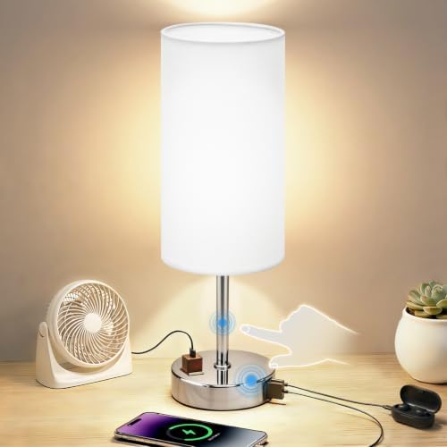 Table Lamp, Dimmable Touch, AC Outlet, USB A+C (White&Silver)