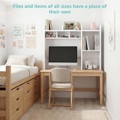 NUTIKAS Desk Hutch White Desktop Bookshelf Shelf - 37 Inch Computer Desk Organizer for Dorm Room, Wood Storage Rack for Home Office Desktop Display Shelves, Small Bookcase for Top of Desk