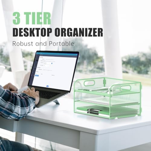 DALTACK 3 Tier Paper Organizer for Desk, Sliding Paper Trays, Mint Green