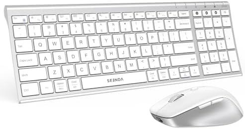 seenda COE401 Bluetooth Keyboard Mouse Combo, Rechargeable, White Silver