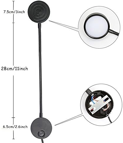 5W Wall Mounted Reading Light Flexible Gooseneck LED Sconce Lamp with Plug & Switch for Bedroom, Office, Workbench, Studio (03 Black Warm White)