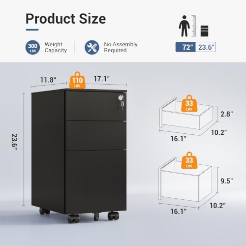 DEVAISE 3 Drawer File Cabinet with Lock, Fully Assembled Except Casters