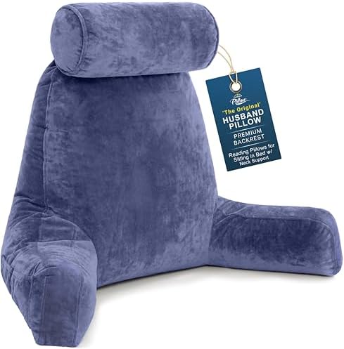 Husband Pillow XXL The Original for Adults - 30" Tall Backrest for Sitting Up in Bed - Firm Support Reading & Bed Rest Pillows for Adults, Neck Roll, Removable Cover - TV - Dark Blue