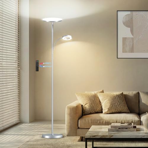 marctronic Silver Modern Floor Lamp, 42W 4000LM High Lumen Output, Full Range Dimming & Preset Modes, Touch Control Standing Lamp for Living Room/Reading Nook