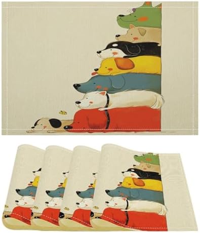 Stacked Dogs Colorful Linen Placemats Set of 4PCS, Heat Resistant Non-Slip Washable Table Placemats for Dining Everyday Use Hotel Banquet Home Decor