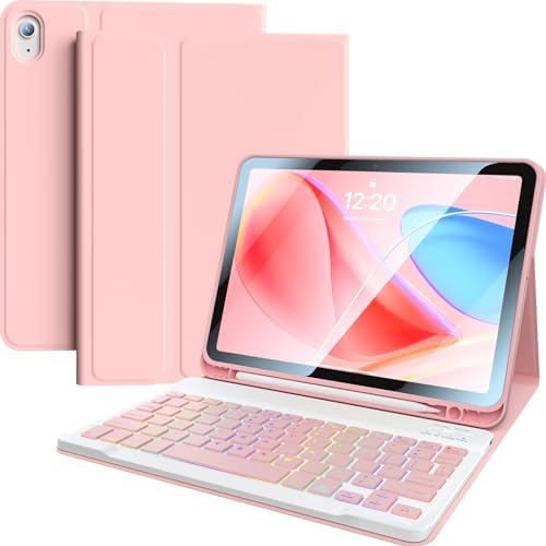for iPad 11th 10th Generation Case with Keyboard(10.9", 2022) 7 Colors Backlight Wireless Magnetically Detachable Rechargeable BT Keyboard with Pencil Holder for New iPad 10th Gen 2022 (Pink)