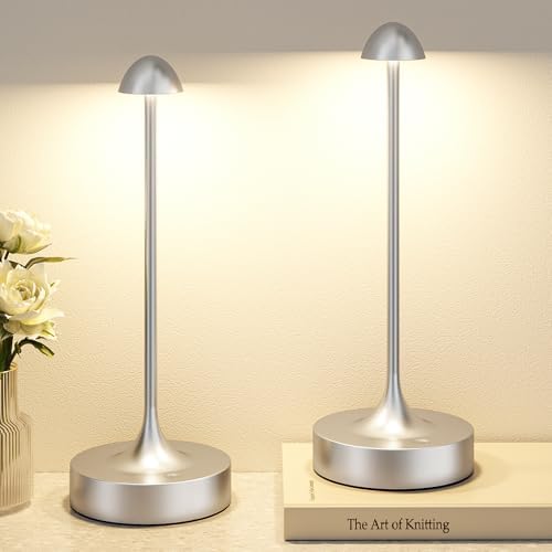 Kakanuo Rechargeable Cordless Table Lamp, Battery Operated Lamps, 3-Color Stepless Dimming, Portable Wireless Desk Lamp, LED Lighting for Dining Room, Restaurant, Office, Bar, Home(Silver 2 Pack)